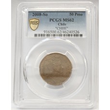 CHILE 2008 . FIFTY 50 PESOS . ERROR . SPELLING ERROR . PCGS GRADED